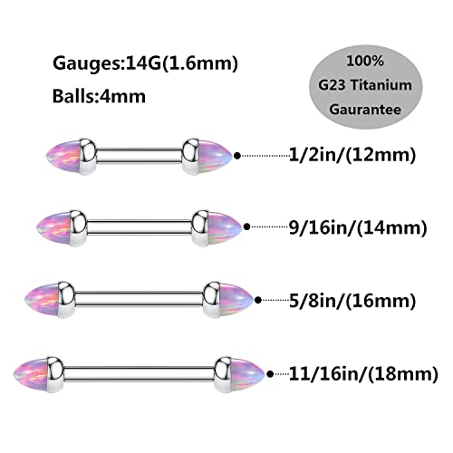 GAGABODY G23 Titanium Pair 14G Nipple Rings Tongue Jewelry Bridge Piercing | Internal Threaded Used in Nipple,Tongue,Bridge 14G Length from 12mm to 18mm Lightweight Daily Wear for Unisex Sensitive Skin - color: STYLE1A-Silver+Bullet Purple Opal, size: 14G