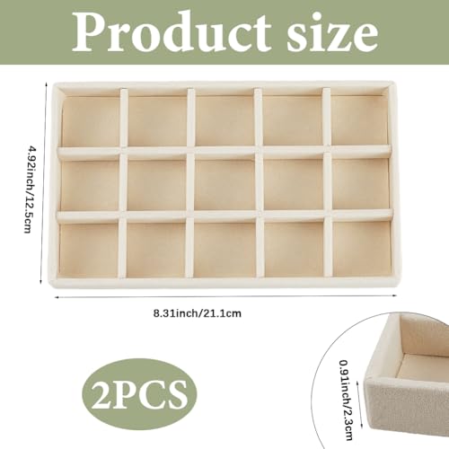 2Pcs 5 x 8.3 Inch Stackable Jewelry Trays Earring Holder Organizer Antique White 15 Grids Velvet Dresser Jewelry Drawer with Removable Divider for Bracelet Ring Watch Trinket Display Showcase - style: White 15 Grids