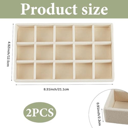 2Pcs 5 x 8.3 Inch Stackable Jewelry Trays Earring Holder Organizer Antique White 15 Grids Velvet Dresser Jewelry Drawer with Removable Divider for Bracelet Ring Watch Trinket Display Showcase - style: White 15 Grids