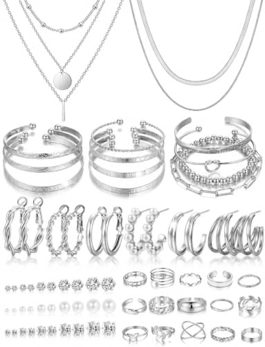 YEEZII 56 Pcs Gold Jewelry Set for Women with 5Pcs Layered Necklace, 5Pcs Layered Necklace, 12 Bracelets, 4 Hoop Earrings, 8 Stackable Rings, 10 hairpins, 12 Studs Earrings Jewerly set for Women - color: SilverB