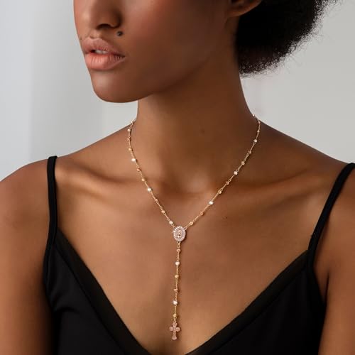 CHESKY Lariat Necklace for Women，14k Gold/Sliver Plated Layered Necklace | Gold/Sliver Long Necklace，Dainty Cross Pendant, Wedding Y-Shaped Drop Chain, Waterproof Jewelry Gift for Women Everyday Wear - style: CrossRosary