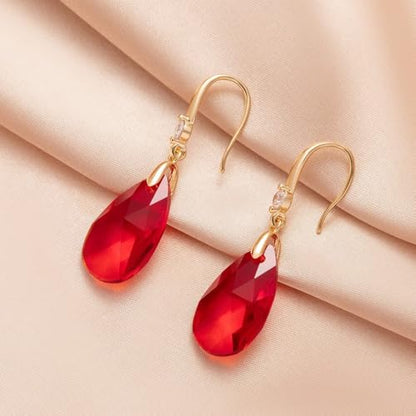 Austrian Crystal Teardrop Dangle Drop Earrings for Women 14K Gold Plated Hook Earring Hypoallergenic Jewelry Gifts for Women Girls - color: Red