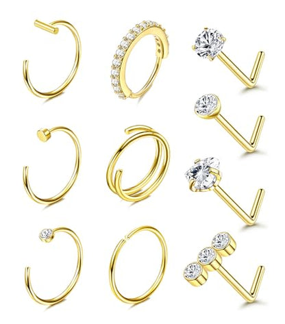 Besteel 10PCS 14K Gold Filled Nose Ring Studs - 6PCS Toe Rings for Women Non Tarnish Hypoallergenic Trendy Summer Beach Jewelry for Women