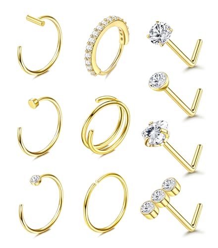 Besteel Nose Rings for Women 14K Gold Filled Hypoallergenic Nose Stud Hoops | 20G 316L Surgical Stainless Steel Double Nose Ring Cute Round CZ Heart L Shaped Nose Stud Dainty Nostril Piercing Jewelry - color: 14k gold plated
