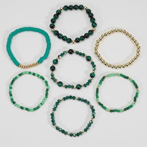 7Pcs Bohemia Multilayer Stackable Crystal Beaded Bracelet Set Multicolor Surfer Heishi Clay Gold Beaded Friendship Stretch Bracelets for Women Men Summer Beach Boho Vacation Jewelry Gifts - color: Green