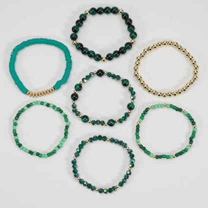 7Pcs Bohemia Multilayer Stackable Crystal Beaded Bracelet Set Multicolor Surfer Heishi Clay Gold Beaded Friendship Stretch Bracelets for Women Men Summer Beach Boho Vacation Jewelry Gifts - color: Green