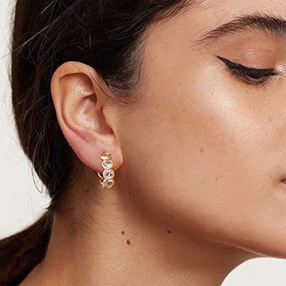 Huggie Hoop Earrings 14K Gold Plated Cubic Zirconia Dainty Simple Cute Beads Elegant CZ Circle Small Hoop Earring for Women Minimalist Handmade Hypoallergenic Jewelry - color: CZ-Row