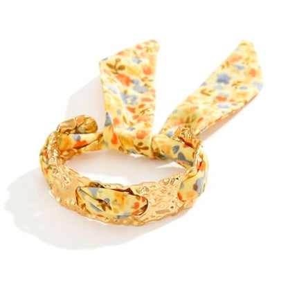 Hammered Gold Metal Silk Scarf Bangle Women,Chunky Fabric Wrapped Open Cuff Bracelet,Boho Ethnic Style Geometric Jewelry, Elegant Statement Wrist - color: Yellow