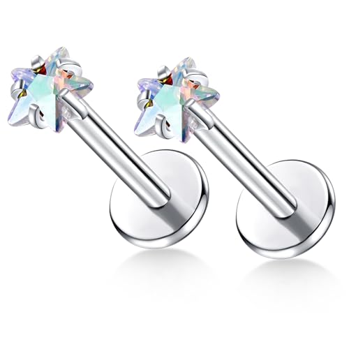 BelezaDosas G23 Titanium Labret Studs Threadless 16G Lip Rook Lobe Tragus Helix Cartilage Push Back Earring Piercing Jewelry - style: 1pair Star AB