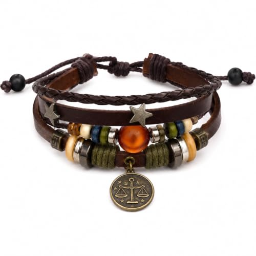 Zodiac Bracelet for Men Women, Adjustable Faux Leather Braided Wrap Bracelet with Vintage Astrology Charm, Gift Jewelry - style: Libra