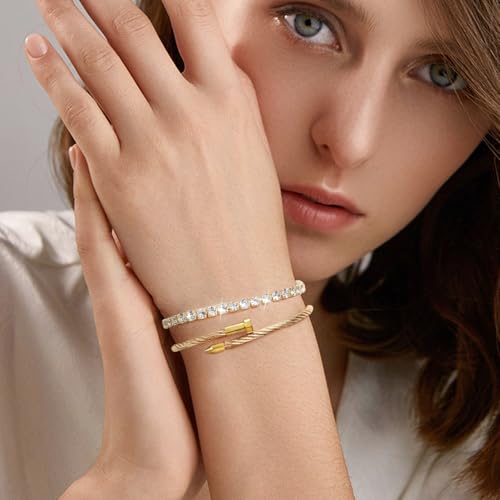 2PCS 18K Gold Plated Nail Bangle & Chain Bracelet Set for Women, Adjustable Stackable Bangle Jewelry, Dainty Gold Bracelet Gift for Women - color: Set A-tennis