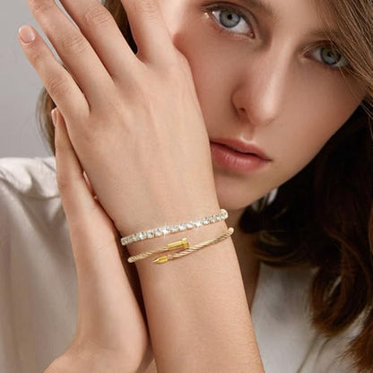 2PCS 18K Gold Plated Nail Bangle & Chain Bracelet Set for Women, Adjustable Stackable Bangle Jewelry, Dainty Gold Bracelet Gift for Women - color: Set A-tennis