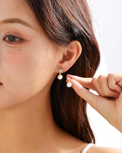Pearl Earrings for Women, 14k Gold Plated Trendy Diamond Pearl Drop Earrings Bridal Shower Gifts Wedding jewelry for Women - color: Style G Gold