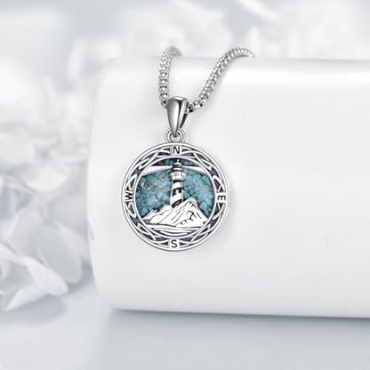 ONEFINITY Lighthouse Necklace for Women Sterling Silver Lighthouse Pendant Necklace Birthday Jewelry Gift for Women - color: Turquoise Compass lighthouse