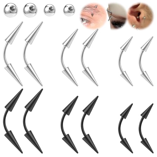 16G Spike Eyebrow Piercing Jewelry Curved Barbell Eyebrow Tragus Lip Rings | Black Spike Earrings with Balls Rook Nose Bridge Ring for Women Men - color: Bar Length:10mm