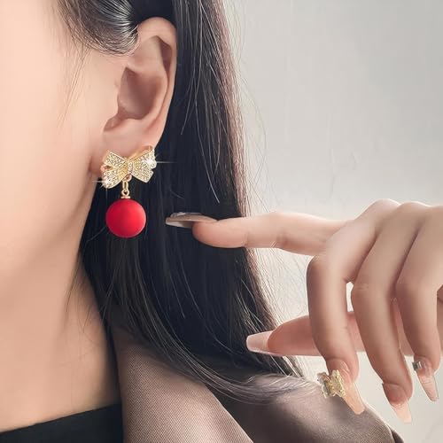Gold Bow Earrings for Women, Long Tassel Chain Drop Earrings, Trendy Small Bow Earrings, Ribbon Waterfall Dangling Earrings, Pearl Bow Earrings, Sparkly Elegant Bowknot Preppy Jewelry Gifts for Women - color: Red-Q