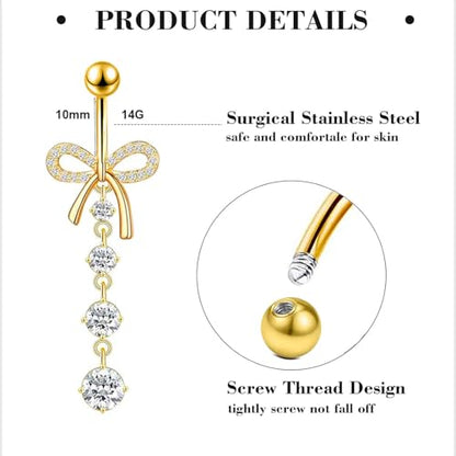 Suotarn 14G Belly Button ring Dangle Belly Rings Surgical Stainless Steel Cute Bow Butterfly Heart Flower Dangling Belly Button Piercing Jewelry For Women Silver Dainty Dangly Navel Ring - color: gold