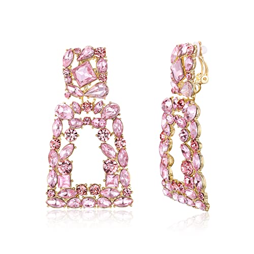 Flyonce Rectangle Clip-on Drop Earrings for Women, Sparkly Rhinestone Crystal Geometric Statement Non Pierced Earring Wedding Prom Party Jewelry for Brides Bridesmaid - color: Gold-Tone_Pink