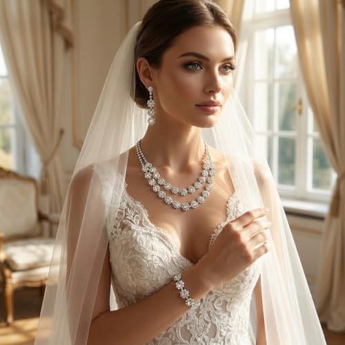 Rhinestone Bridal Wedding Jewelry Set，Crystal Necklace Earrings Bracelet Sets Formal Costume Jewelry for Women and Brides - color: SILVER