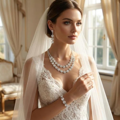 Rhinestone Bridal Wedding Jewelry Set，Crystal Necklace Earrings Bracelet Sets Formal Costume Jewelry for Women and Brides - color: SILVER