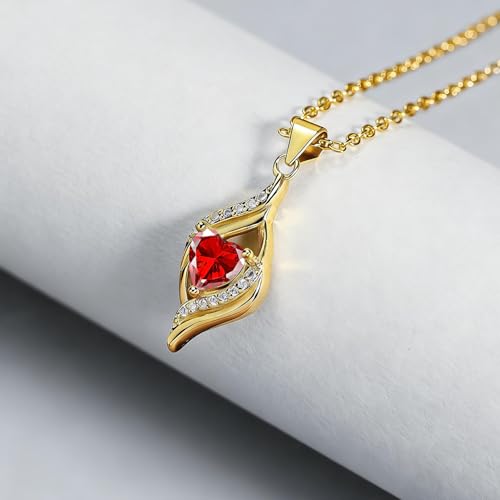 Birthstone Necklace for Women, 14K Gold Plated Heart Cubic Zirconia Pendant, Dainty Birthstone Jewelry Necklace Gifts for Birthday, Valentine’s Day Mother's Day - color: July-Ruby