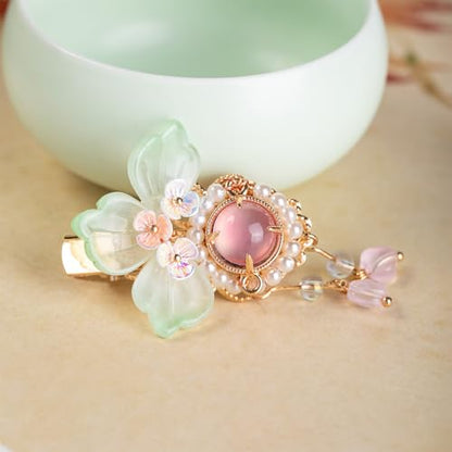 A Pair Wedding Hair Clips, Handmade Floral Design Crystal Hair Clips Pearl Barrettes, Rhinestones Flower Clips Pearl Headpieces Hair Pins Hair Accessories for Women Girls (Green) - color: Green