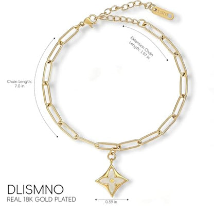 18K Gold Plated Paperclip Link Chain Bracelet with Charms, Gift with a Box - color: Four-leaf Clover