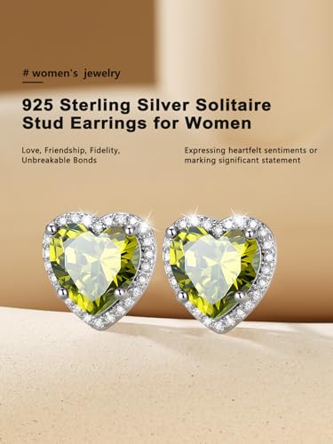 Bestyle Authentic 925 Sterling Silver 2 Carat Birthstone Earrings for Women, More Sparkle Heart/Round Solitaire Diamond Studs Earrings, Great Birthday/Christmas/Anniversary Jewelry for Wife Mother - color: 08. Aug.Peridot-Heart