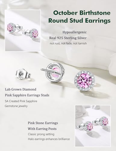 Dainty Birthstone Earrings for Women Sterling Silver Small Stud Earrings with Halo Cushion/Round Created Gemstone Earrings Birthstone Jewelry - style: B 10. Oct./created pink sapphire-round cut