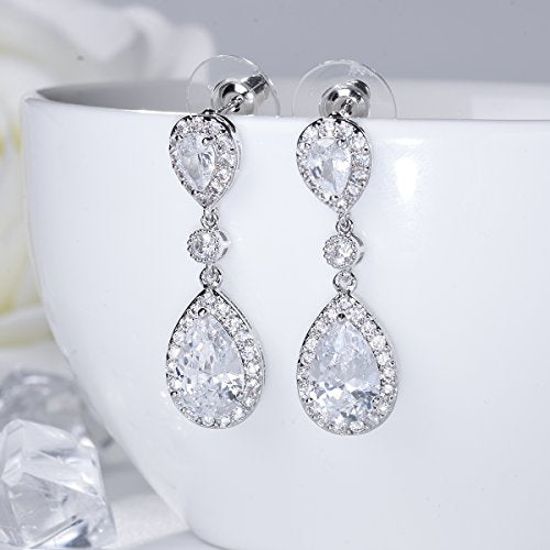 SELOVO Elegant Prong Teardrop Cubic Zirconia Vintage Style Party Bridal Pierced Dangle Earrings