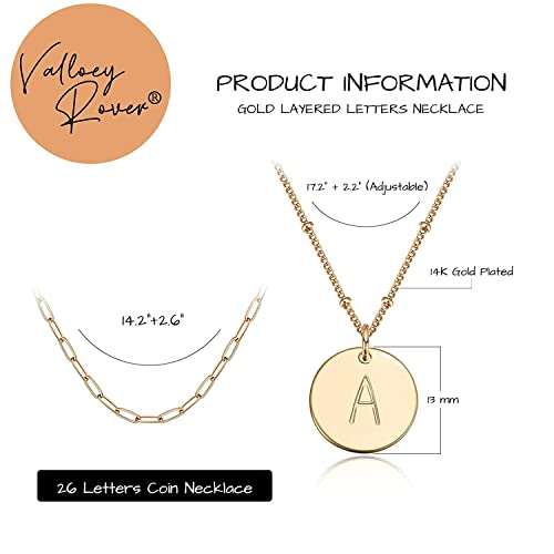 Valloey Rover Initial Necklaces for Women 14K Gold Plated Dainty Letter Necklce Round Coin Disc Pendant Double Side Engraved A-Z Necklace Personalized Jewelry Gift for Women - color: Layer-A