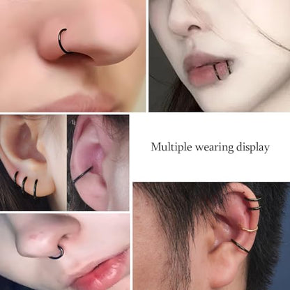 2Pcs Titanium Nose Rings 20G 18G 16G 14G Nose Rings Hoops Diameter 5mm to 12mm Silver-Gold-Rose Gold-Black Cartilage Helix Tragus Daith Rook Hoop Earrings Hinged Segment Septum Clicker Body Piercing Jewelry - color: Black
