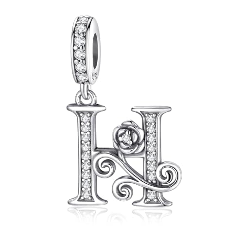 LNQOBU Complete A~Z Alphabet Charm Letter Beads, Solid 925 Sterling Silver with Cubic Stones Rose Alphabet Charm fits Pandora Bracelets Necklace Women Jewelry - color: CYT-H