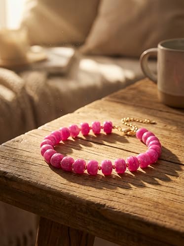 Chunky Beaded Necklace for Women, Colorful Boho Statement Necklace, Gold Chunky Resin Large Bead Necklace, Waterproof Summer Beach Jewelry Gifts for Women - color: Magenta