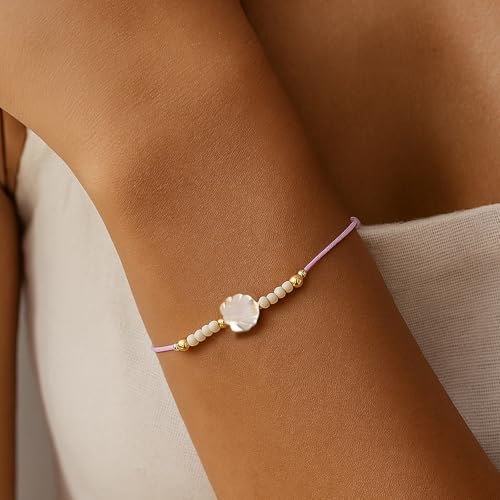 Boho Glass Seed Beaded Bracelets For Women, Handmade Romantic Gold Plated charm String Braided Rope Adjustable Jewelry, Summer Beach Daily Party Friendship Gift - color: Pink Shell