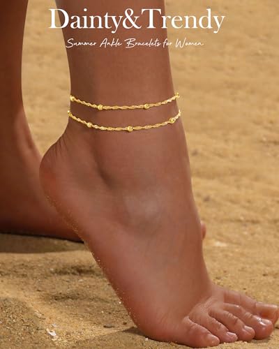 Gold Silver Ankle Bracelets for Women Waterproof 14K Gold Plated Anklets for Women Non Tarnish Dainty Layered Beaded Heart Anklet Set Summer Beach Foot Chain Jewelry Gifts Trendy Stuff - color: D- Ankle Bracelets- Gold