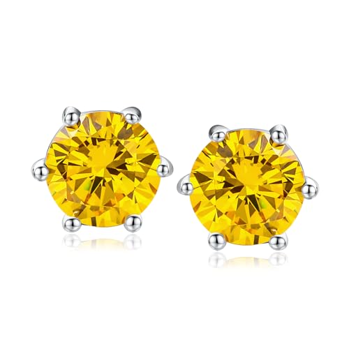 DAYBYDAY 925 Sterling Silver Birthstone Earrings for Women, Crystal Stud Earrings, 6.5mm Round Cut Solitaire Gemstone Earrings Birthday Jewelry - style: Round Cut-11. Nov/created citrine
