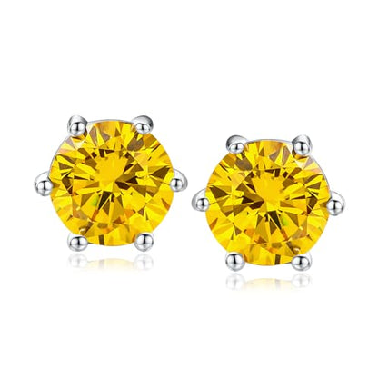 DAYBYDAY 925 Sterling Silver Birthstone Earrings for Women, Crystal Stud Earrings, 6.5mm Round Cut Solitaire Gemstone Earrings Birthday Jewelry - style: Round Cut-11. Nov/created citrine
