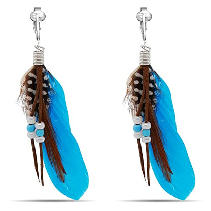 Aloha Earrings-Clip On Real Feather Earrings-Dangle Clip On Earrings Tassel Long Clip Earrings Bohemian - color: Bright Blue Feathers