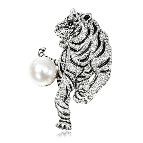 Luxury Crystal Tiger Brooch Pins for Women Men Vintage Gold-Tone Climbing Black Spots Leopard Brooch Fashion Panther Cougar Pin Suit Jackets Coat Animal Jewelry Gift - style: Silver Pearl