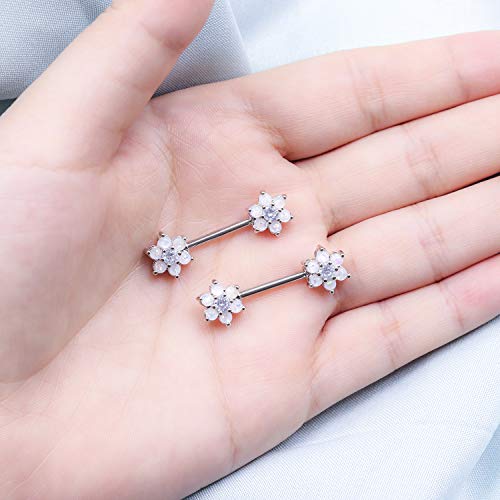 14G Opal Flower CZ Nipple Barbell Nipple Ring Piercing Jewelry for Women - color: silver