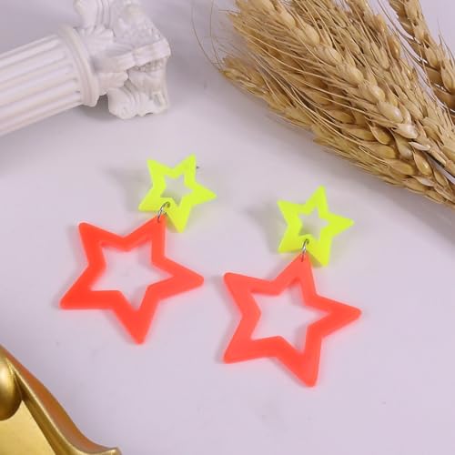 Colorful 80s 90s Neon Star Earrings for Women Retro Glow Party Costume 80s 90s Acrylic Dangle Earrings Outfit - style: Symmetrical Yellow and Orange