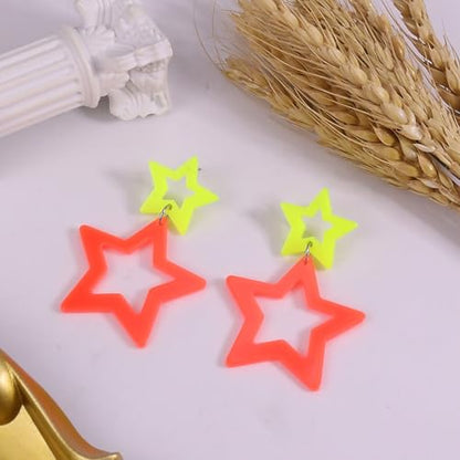 Colorful 80s 90s Neon Star Earrings for Women Retro Glow Party Costume 80s 90s Acrylic Dangle Earrings Outfit - style: Symmetrical Yellow and Orange