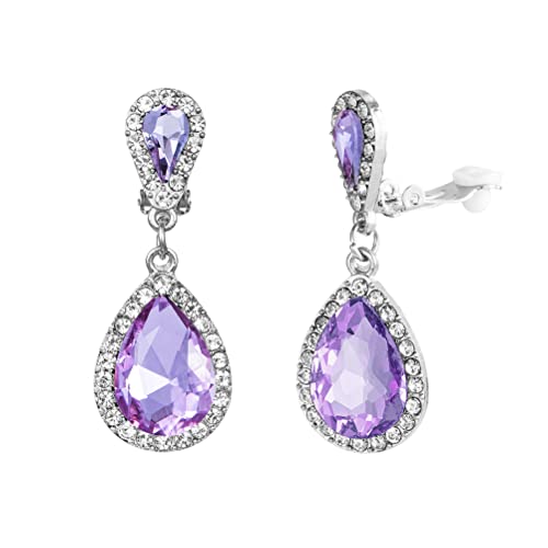 Classic Austrian Crystal Tear Drop Clip on Dangle Earrings for Women - color: purple,silver