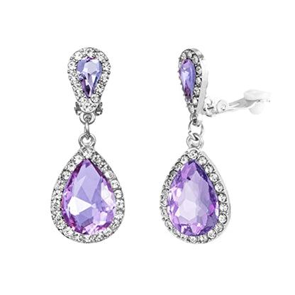Classic Austrian Crystal Tear Drop Clip on Dangle Earrings for Women - color: purple,silver