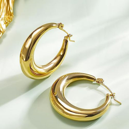 316L Chunky Stainless Steel Hoop Earrings, Fashionable Lightweight Hollow Open Hoops, Hypoallergenic Whtie Gold Plated Pipe Earrings for Women - style: 30mm, Yellow Gold