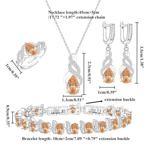 LMXXVJ Jewelry Set for Women,Teardrop Cubic Zirconia Necklace Earrings Adjustable Ring Bracelet Jewelry Set Formal Jewelry Gift - color: MHSD-White Gold-Champagne