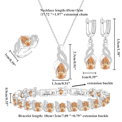 LMXXVJ Jewelry Set for Women,Teardrop Cubic Zirconia Necklace Earrings Adjustable Ring Bracelet Jewelry Set Formal Jewelry Gift - color: MHSD-White Gold-Champagne