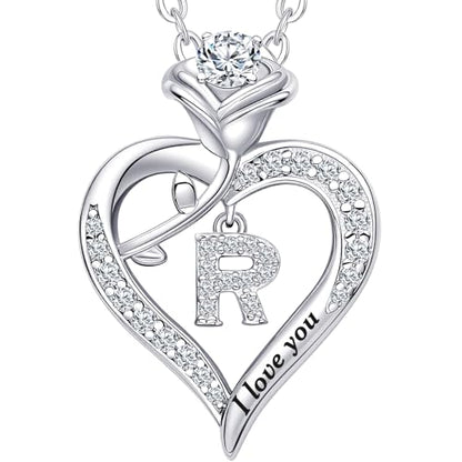 Rose Heart Pendant Necklace Gifts for Wife, Engraved 'I love you' Gift for Wife Girlfriend, Anniversary Birthday Eternity Jewelry Present for Women, Moissanite Necklace Gift for Her - style: R