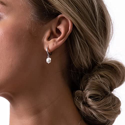 CERSLIMO Pearl Drop Earrings for Women | S925 Sterling Silver Post Simulated Shell Pearl Hoop Dangle Earrings, Hypoallergenic Cubic Zirconia Huggies Earrings Bridesmaid Jewelry - style: 03 Silver-Baroque